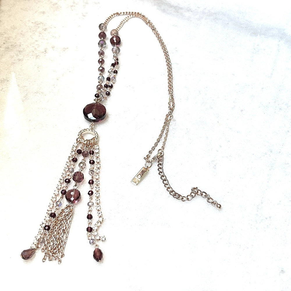 Rose Gold Chain Purple Crystal Fringed Tassel Pendant Necklace Boho Flapper 28"